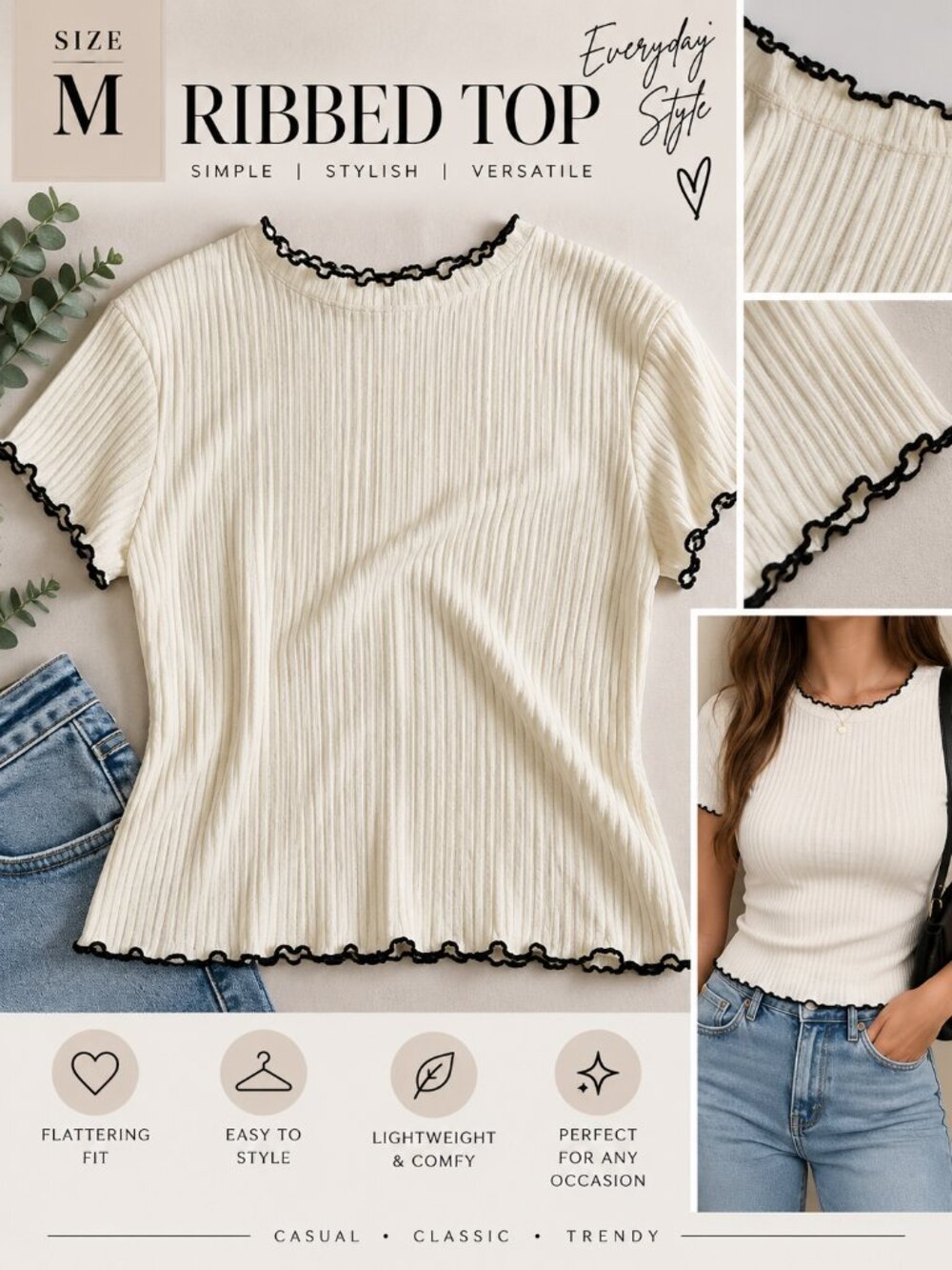 Ivory Ribbed Short Sleeve Top Black Lettuce Trim Size M